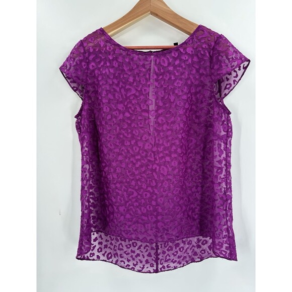 WHBM Top Large Women's Purple Sheer Leopard Print Burnout Shorts Sleeve Hi-Lo - Picture 2 of 10